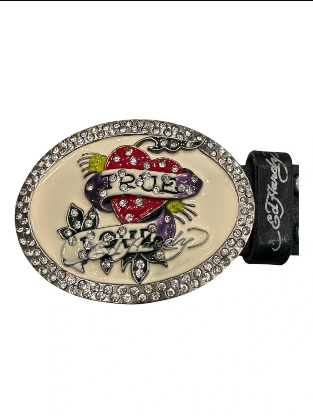 Ed Hardy Y2K Cyber Rhinestone Heart Belt Large True Love Genuine Leather Vintage